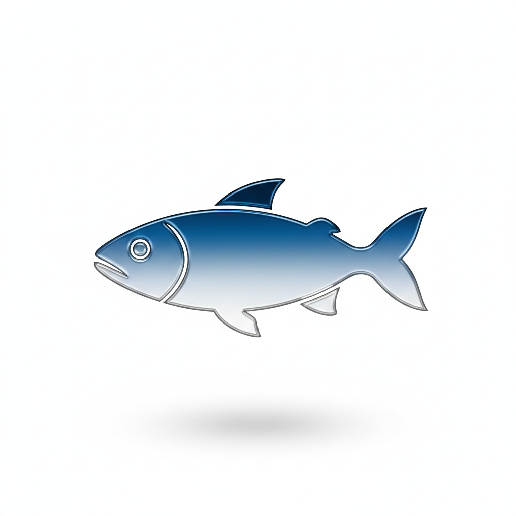 Blue and white stylized fish icon with shadow on white background representing seafood