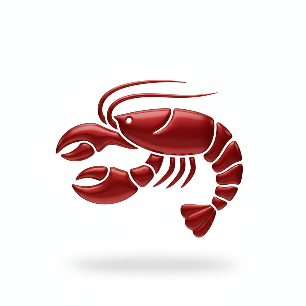 Red stylized lobster logo with segmented body and claws on white background